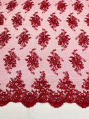 Burgundy Floral Lace Fabric, Embroidery on a Mesh Lace Fabric By The Yard For Gown, Wedding-Bridal-Dress