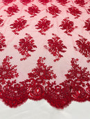 Burgundy Floral Lace Fabric, Embroidery on a Mesh Lace Fabric By The Yard For Gown, Wedding-Bridal-Dress
