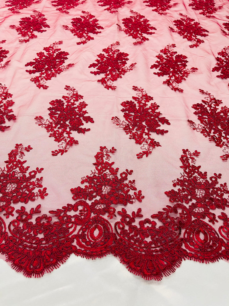 Burgundy Floral Lace Fabric, Embroidery on a Mesh Lace Fabric By The Yard For Gown, Wedding-Bridal-Dress
