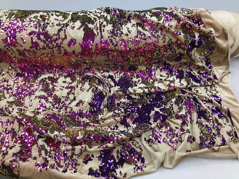 Iridescent Purple Sequin on Stretch Velvet With Luxury Reversible Sequins Shining Sequins 2-way Stretch 58/60” (Choose The Measure)