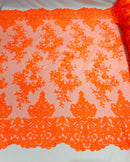 Bridal Lace - By The Yard - Floral Damask Design Embroidered on Mesh Lace Fabric