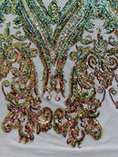 Green Purple Iridescent Sequins Fabric on Nude Mesh, Damask Design 4Way Stretch Sequin By The Yard