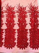 Vegas Design Fabric - Red - Wavy Pattern and Embroidered Beads Fabric Sold By Yard