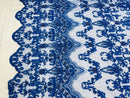 Royal Blue Damask Design Beaded Fabric, Embroidered with Beads Wedding Bridal Sold By Yard