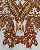 Orange Iridescent Sequin Fabric on Nude Mesh 4 Way Stretch Sequins Fabric Sold By The Yard