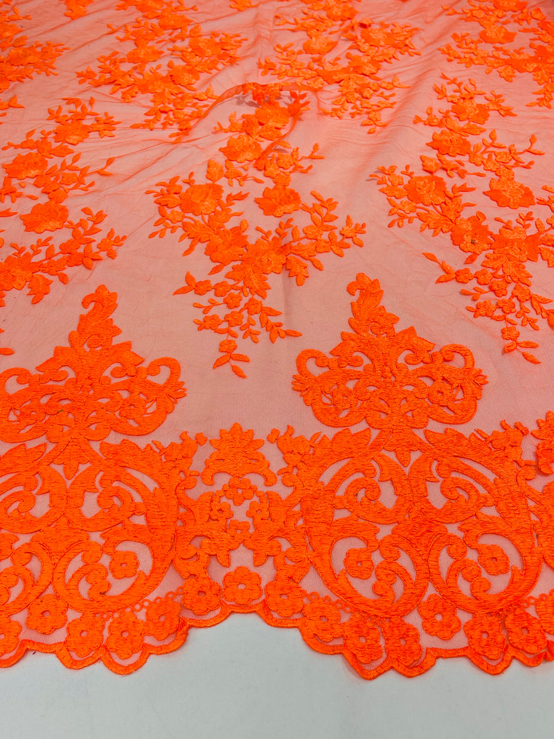 Neón Orange Bridal Lace - By The Yard - Floral Damask Design Embroidered on Mesh Lace Fabric