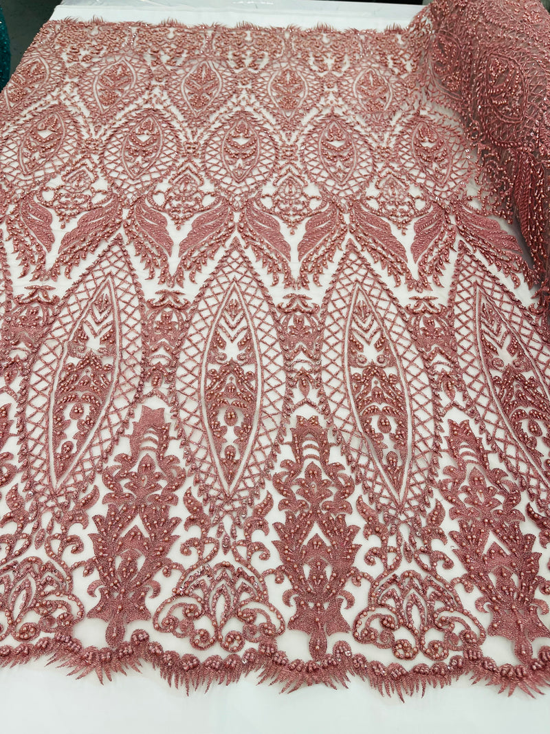 Beaded Fabric, Dusty Rose Damask Design Embroidered with Beads Wedding Bridal Sold By Yard