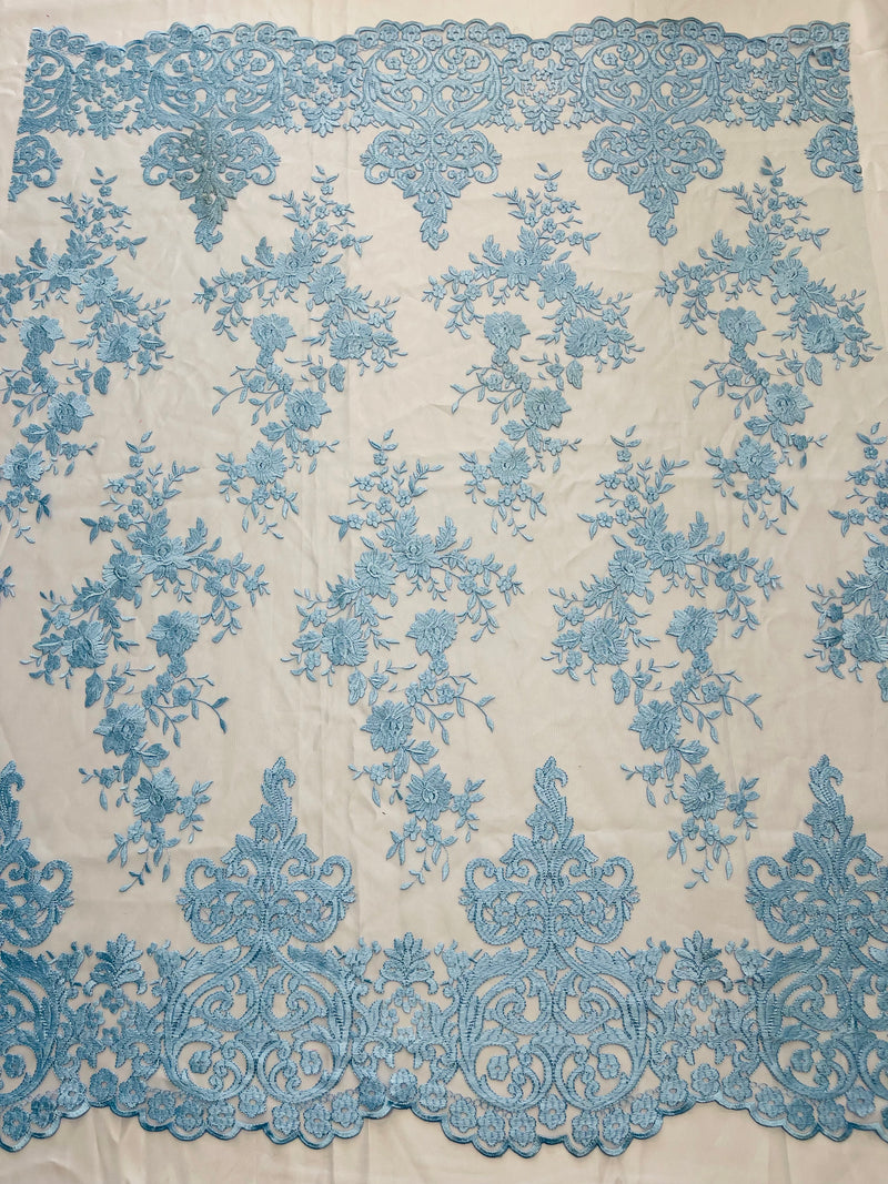 Baby Blue Floral Bridal Lace - By The Yard - Damask Design Embroidered on Mesh Lace Fabric
