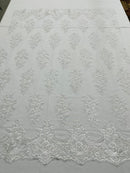 Lace Fabric - by the yard - Corded Flower Embroidery With Sequins on a Mesh Lace Fabric For Wedding