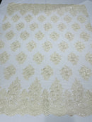 Lace Fabric - by yard - Corded Flower Embroidery With Sequins on a Mesh Lace Fabric For Wedding