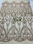 Matte Champagne Sequin Fabric On a Mesh 4 Way Stretch, Sequins Fabric Damask Design By The Yard