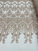 Blush Damask Design Beaded Fabric, Embroidered with Beads Wedding Bridal Sold By Yard