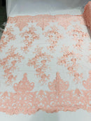 Blush Pink Bridal Lace - By The Yard - Floral Damask Design Embroidered on Mesh Lace Fabric