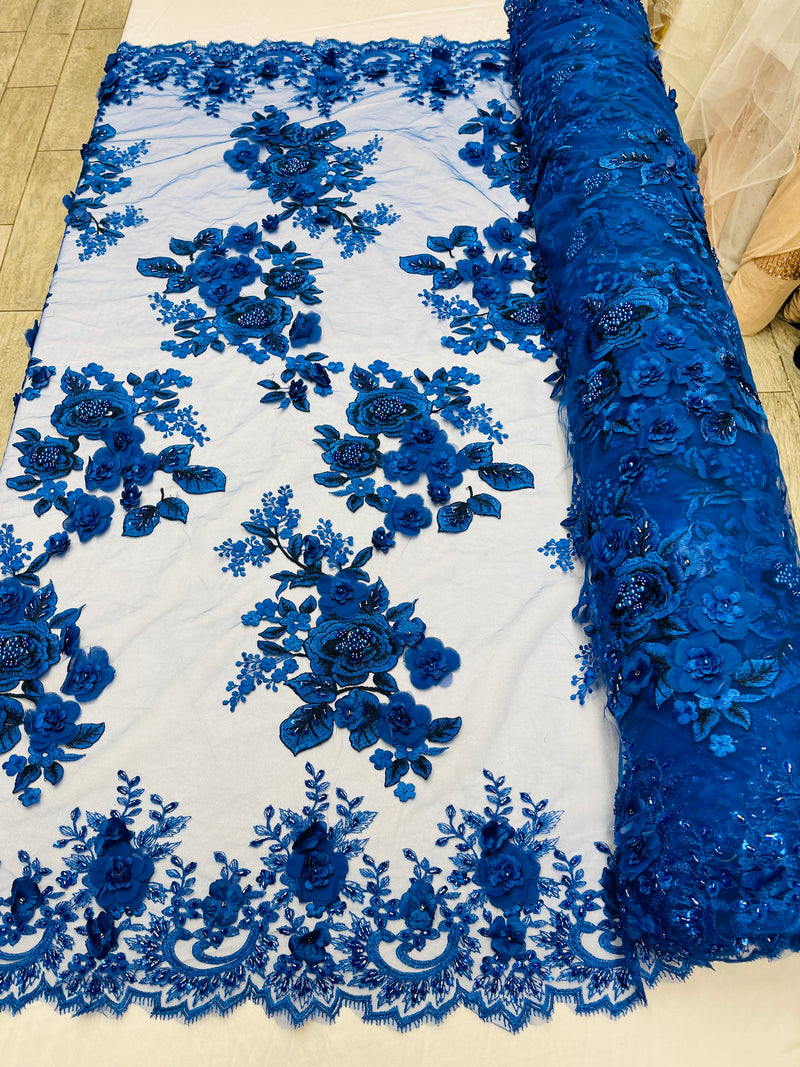 Royal Blue 3D Floral Design Embroider and Beaded With Pearls On a Mesh Lace-Prom-Dresses By The Yard