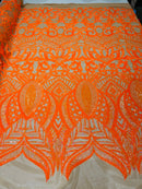 Orange Sequin Fabric On Nude Mesh  4 Way Stretch Royalty Lace Sequin By Yard