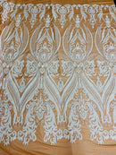 White Sequin Fabric on Dark Nude Mesh, Damask Design 4 Way Stretch Sequin Fabric Sold By The Yard