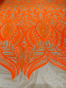 Orange Sequin Fabric On Nude Mesh  4 Way Stretch Royalty Lace Sequin By Yard