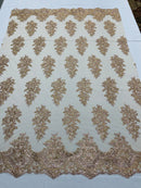 Lace Fabric - by yard - Corded Flower Embroidery With Sequins on a Mesh Lace Fabric For Wedding