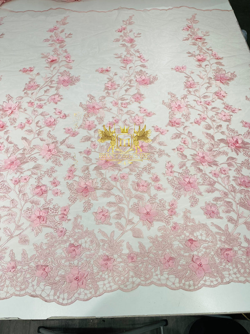 3D Floral Design Embroider and Beaded With Pearls On a Mesh Lace Fabric By The Yard