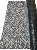 Fancy Leaf Pattern with Beads - Black - Embroidered Leaves Design on Mesh Sold By The Yard