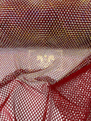 Fishnet Iridescent Rhinestones Fabric - Burgundy - Spandex Fabric Fish Net with Crystal Stones by Yard