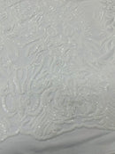 4 Way Stretch Fabric Design - White - Fancy Net Sequins Design Fabric By Yard