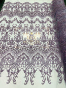 Lilac Damask Design Beaded Fabric, Embroidered with Beads Wedding Bridal Sold By Yard