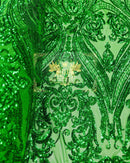 Emerald Green Sequin Fabric on a Mesh 4 Way Stretch Sequins Fabric Sold By The Yard