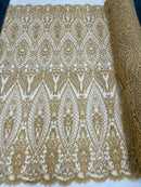Beaded Fabric, Gold Damask Design Embroidered with Beads Wedding Bridal Sold By Yard