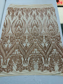Champagne Sequins Fabric on Mesh, Damask Design 4 Way Stretch Sequin Fabric Sold By The Yard