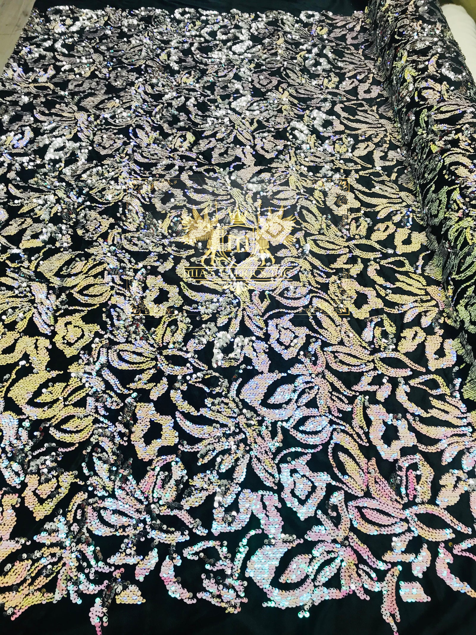 Shiny 5mm Sequin On A 2 Way Stretch Velvet (1 Yard, Clear Iridescent/Blush Pink)