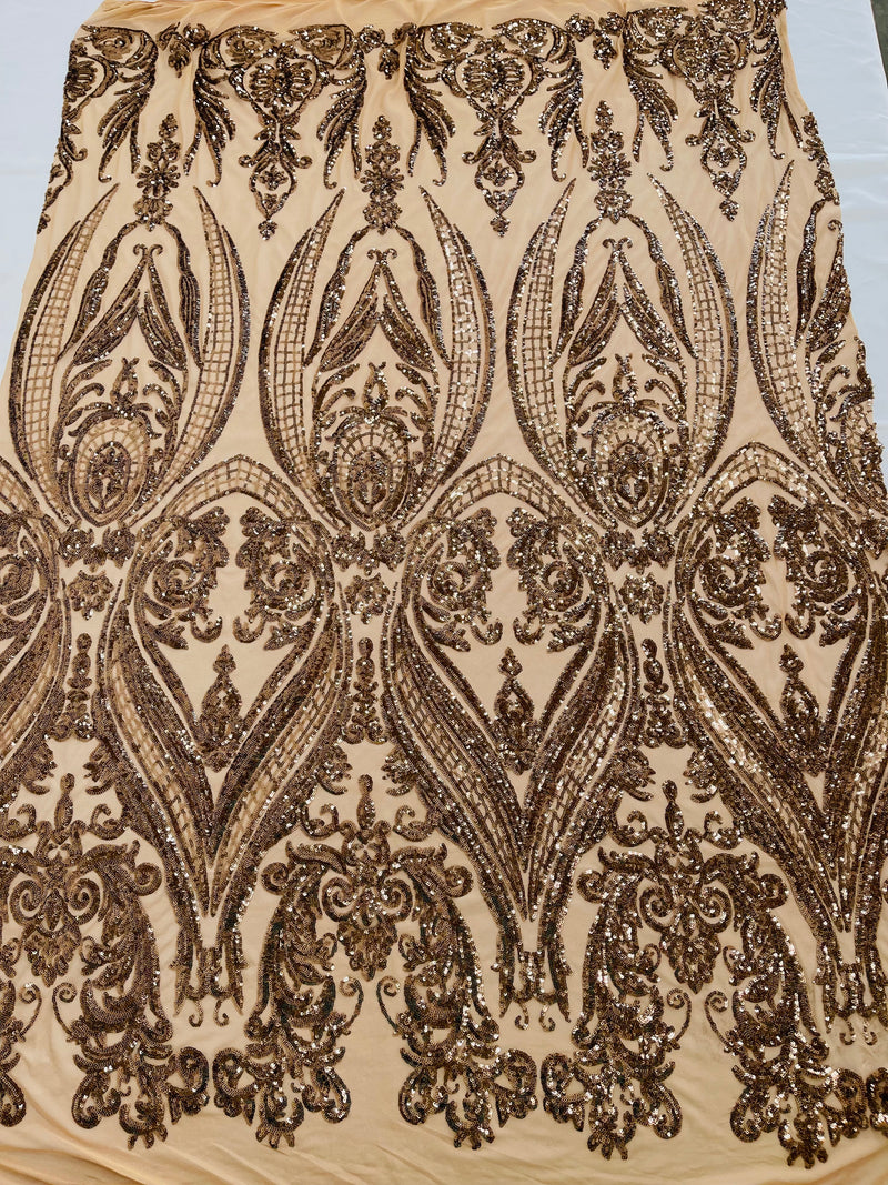 Mocha Sequins Fabric on Mesh, Damask Design 4 Way Stretch Sequin Fabric Sold By The Yard