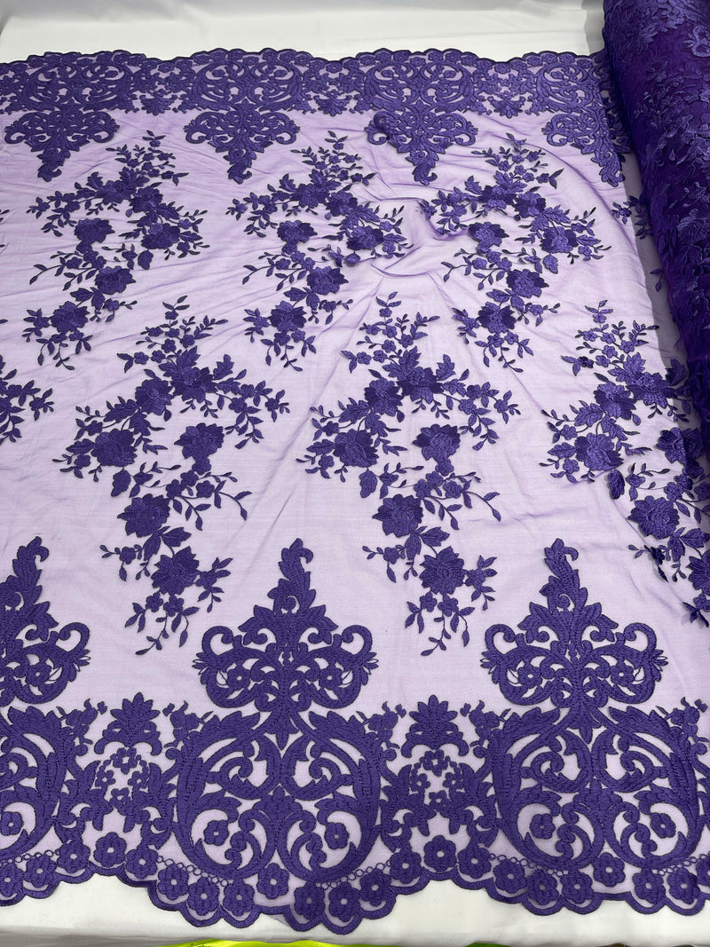 Purple Bridal Lace - By The Yard - Floral Damask Design Embroidered on Mesh Lace Fabric