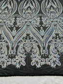 Aqua Iridescent Sequins Fabric on Black Mesh, Damask Design 4Way Stretch Sequin By The Yard