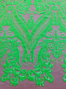 12 Yards Neón Green Sequins Fabric on DK Nude Mesh, Damask Design 4Way Stretch Sequin