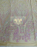 Pink/White Iridescent Sequin Fabric on Nude Mesh 4 Way Stretch Sequins Fabric Sold By The Yard