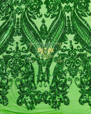 Emerald Green Sequin Fabric on a Mesh 4 Way Stretch Sequins Fabric Sold By The Yard
