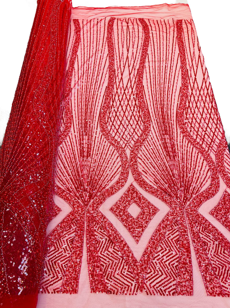 Zig Zag Lines Diamond Shape Fabric - Red - Embroidered Glamorous Design on Mesh Sold By The Yard