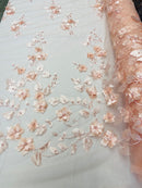 Peach 3D Floral Design Embroider and Beaded With Pearls On a Mesh Lace Fabric By The Yard