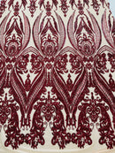 Burgundy Sequins Fabric on Nude Mesh, Damask Design 4 Way Stretch Sequin Fabric Sold By The Yard
