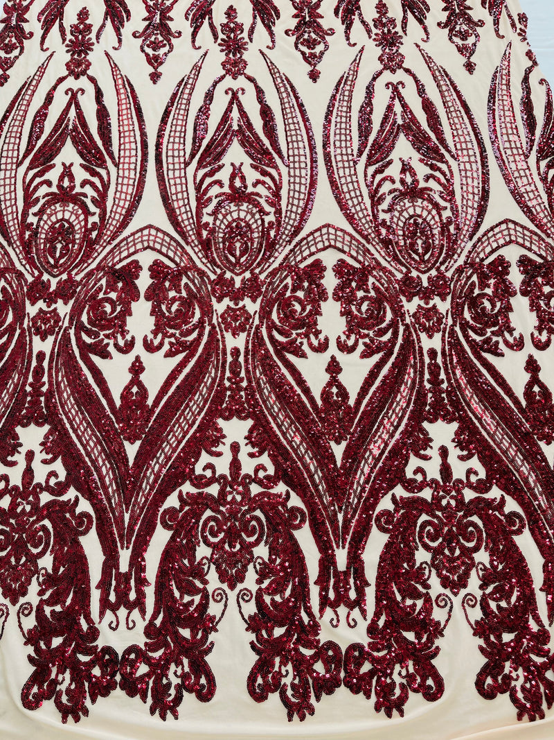 Burgundy Sequins Fabric on Nude Mesh, Damask Design 4 Way Stretch Sequin Fabric Sold By The Yard