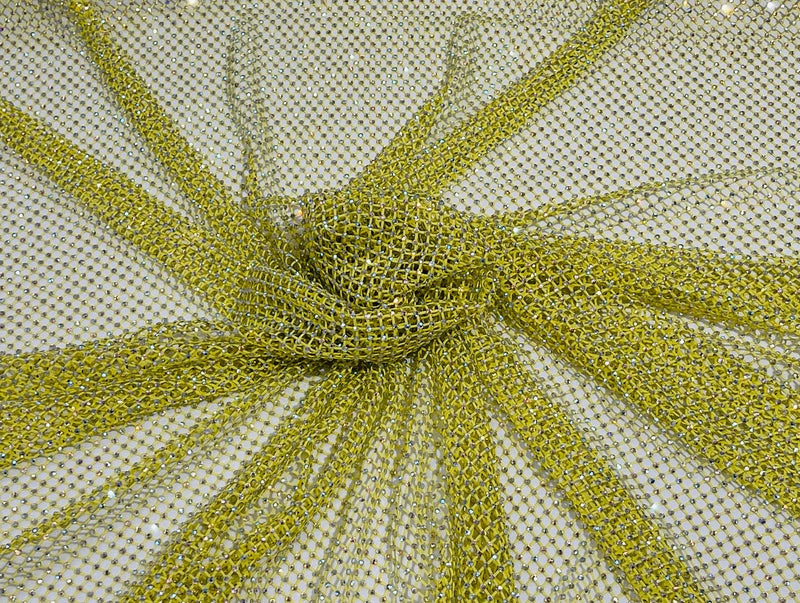 Iridescent Rhinestones Fabric On Yellow 4way Stretch Net Fabric,Fish Net with Crystal Stones By Yard