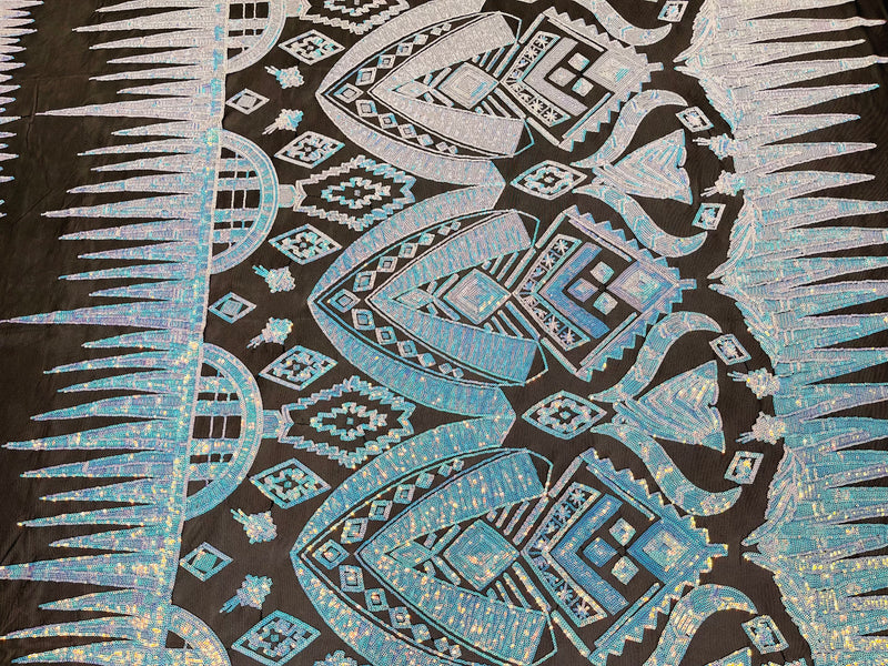 Aqua/Blue Iridescent Sequin Fabric, by the yard - Black Mesh 4 Way Stretch Aztec Design