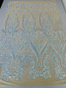 Aqua Iridescent Sequins Fabric on Lt Nude Mesh, Damask Design 4Way Stretch Sequin By The Yard