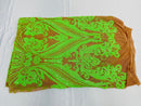 12 Yards Neón Green Sequins Fabric on DK Nude Mesh, Damask Design 4Way Stretch Sequin