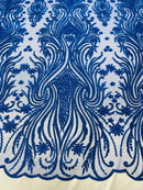 Luxury Beaded Design - Royal Blue - Sold By Yard Floral Fabric Embroidered w/ Pearls-Beads on Mesh Lace