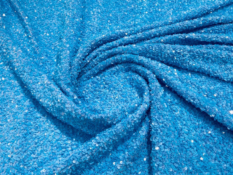 Aqua Blue Sequins Fabric on Stretch Velvet - By The Yard - all Over 5mm Sequins 58”/60