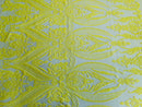 Yellow Sequins Fabric on Mesh, Damask Design 4 Way Stretch Sequin Fabric Sold By The Yard