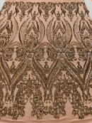 Coffee Sequins Fabric on Mesh, Damask Design 4 Way Stretch Sequin Fabric Sold By The Yard