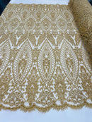 Beaded Fabric, Gold Damask Design Embroidered with Beads Wedding Bridal Sold By Yard